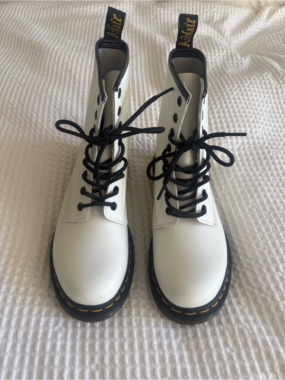 Dr. Martens White Leather Lace-Up Boots with Black Trim